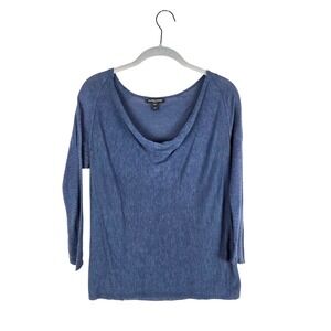 Eileen Fisher Blue Lightweight Cowl Neck 3/4 Sleeve Silk Linen Blend Top Small P
